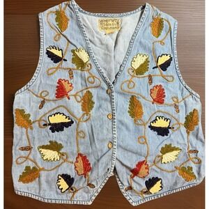 Vintage Tantrum Blues Earthy Foliage Flower Leaves Embroidered Denim Vest 1X